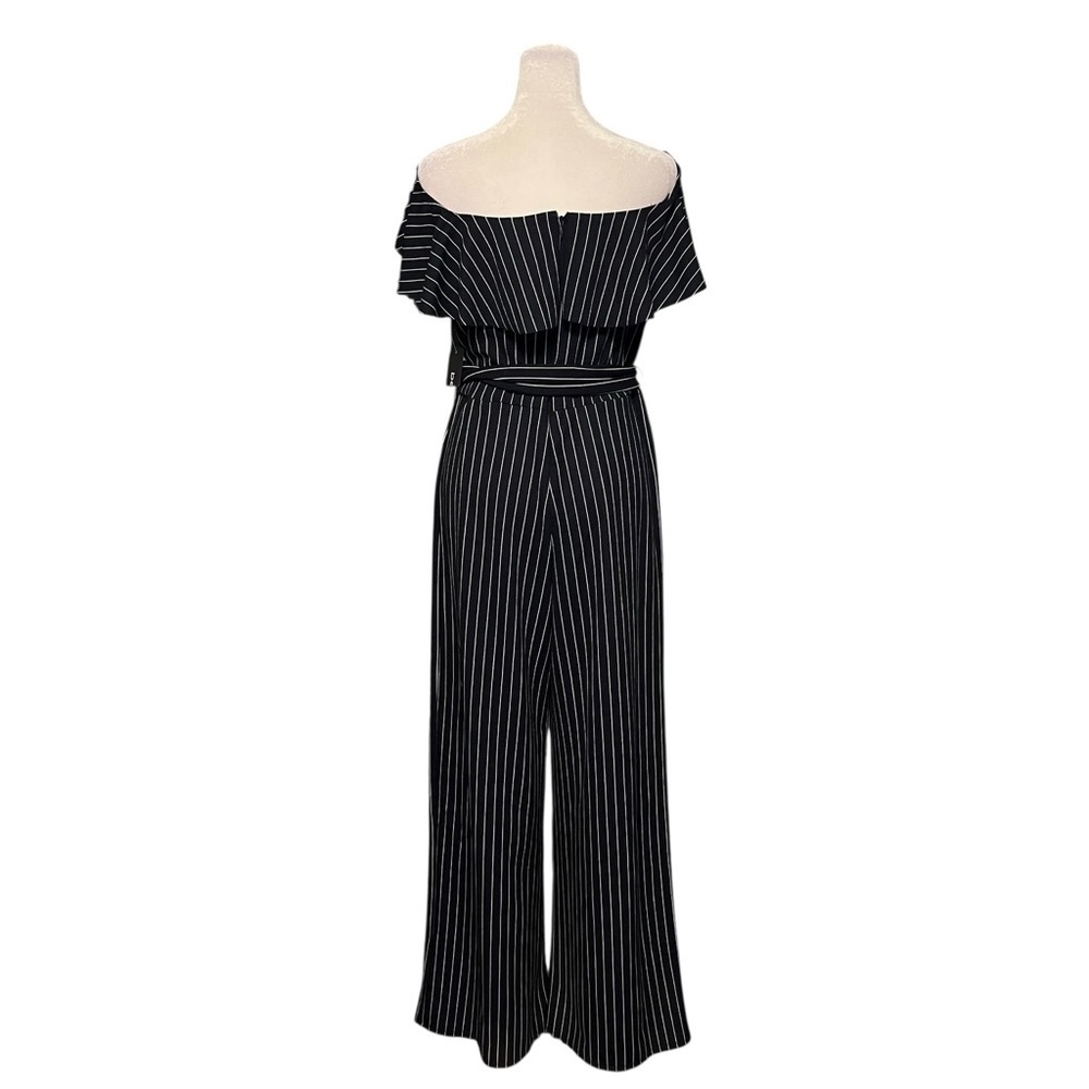 Bebe Navy Pinstripe Off Shoulder Jumpsuit Size 10 NWT - Picture 5 of 7
